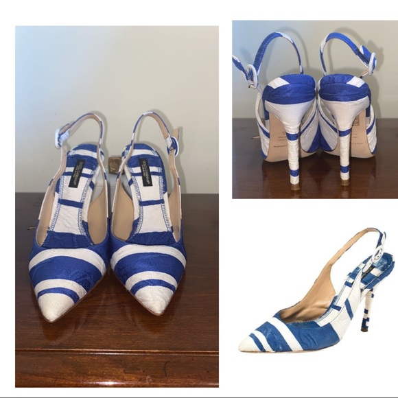 Dolce & Gabbana Blue and White Stripe Brocade Fabric Pointed Toe Sandals - Picture 2 of 11